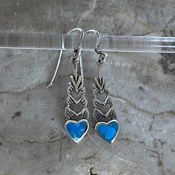 Sterling Silver 925 1.5" Turquoise Cut Out Heart Dangle Earrings - Picture 13 of 16